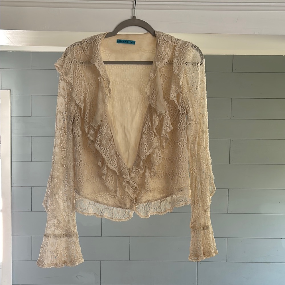 Alice + Olivia Cream Lace Ruffle Top